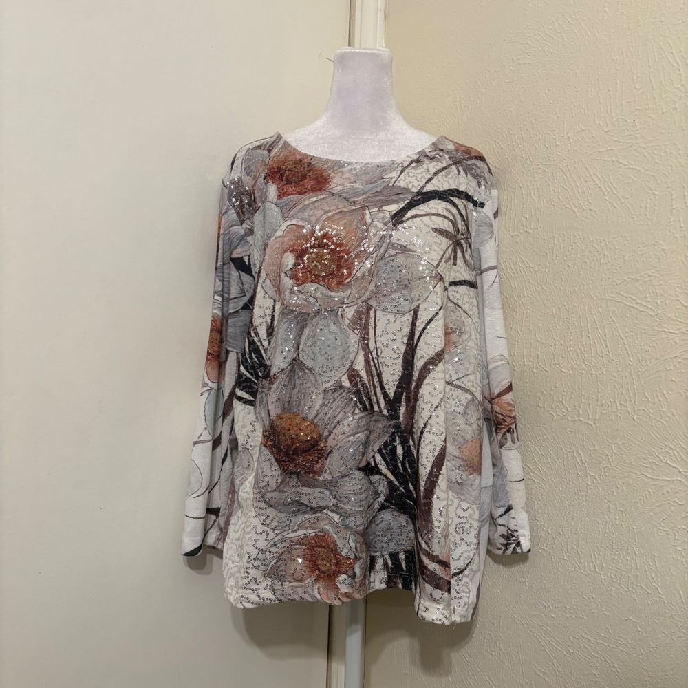 Vintage 90s Y2k Rustic Gray Floral Sequin Long Sleeve Top Fairy Whimsigoth Sz XL